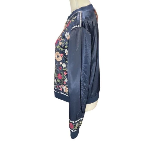 Navy Blue Floral Embroidered Long Sleeve Bomber Style Jacket Full Zip Sz Medium - Picture 6 of 9